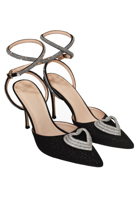 Туфли брошь "сердце" из страз, черные, глиттер