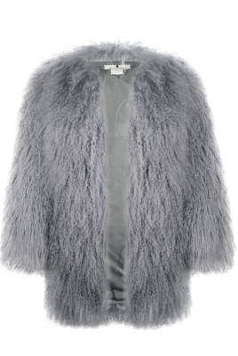 Шуба "Лорель" серая, мех лама (натуральный), миди 90 см