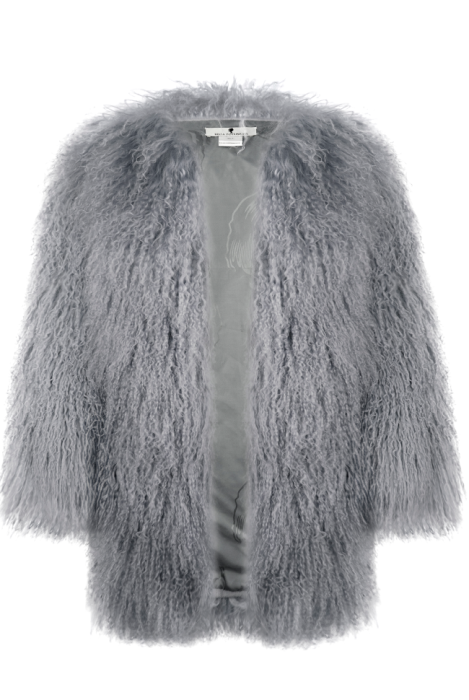 Шуба "Лорель" серая, мех лама (натуральный), миди 90 см