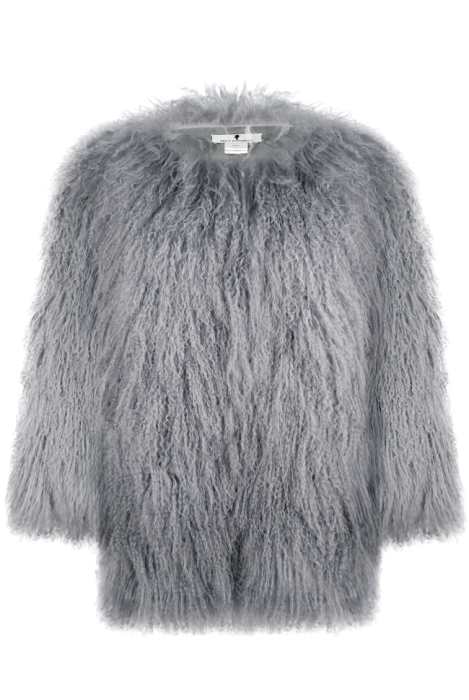 Шуба "Лорель" серая, мех лама (натуральный), миди 90 см