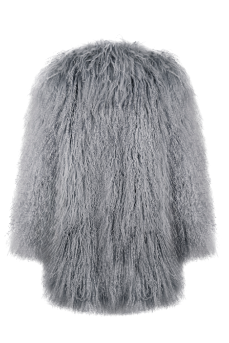 Шуба "Лорель" серая, мех лама (натуральный), миди 90 см