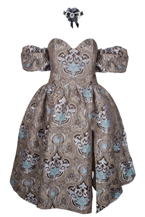 Платье "Версаль" шоколадно - бирюзовое, атлас, вышивка, вензеля, миди