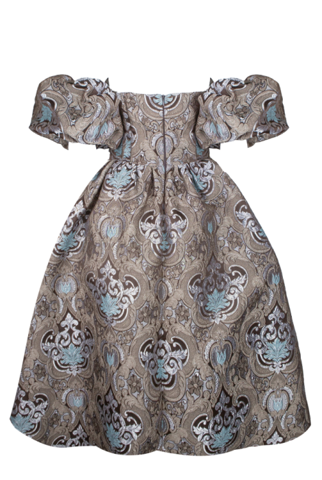 Платье "Версаль" шоколадно - бирюзовое, атлас, вышивка, вензеля, миди
