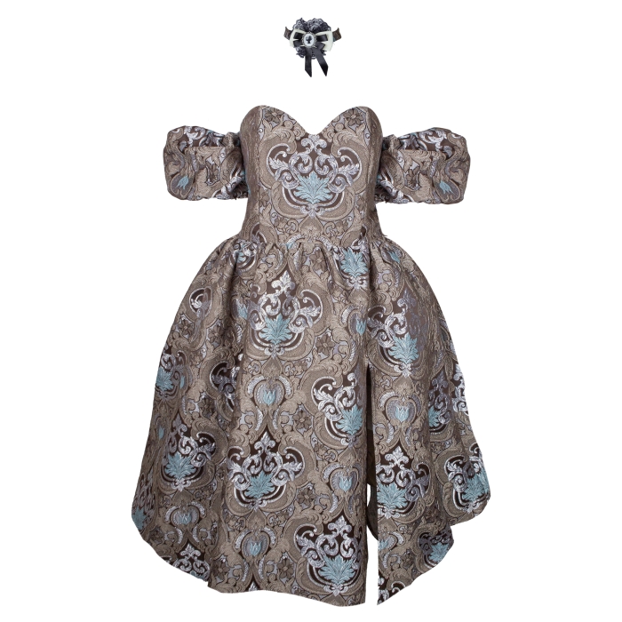 Платье "Версаль" шоколадно - бирюзовое, атлас, вышивка, вензеля, миди