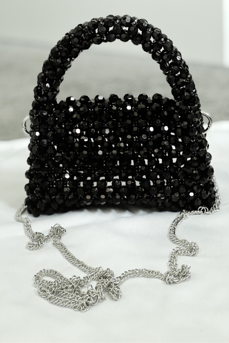 Сумка "Барокко" черная, с ЛОГО, из акриловых бусин, кутюр 