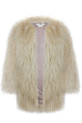 Шуба "Лорель" светло-бежевая, мех лама (натуральный), миди, 90 см