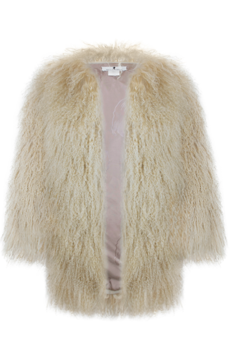 Шуба "Лорель" светло-бежевая, мех лама (натуральный), миди, 90 см