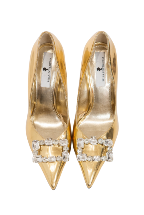 Туфли золотистые, на шпильке, с брошью из страз