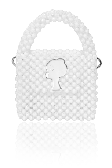 Сумка "Барокко" белая, с ЛОГО,из акриловых бусин, кутюр