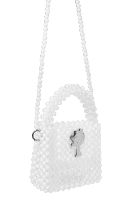 Сумка "Барокко" белая, с ЛОГО,из акриловых бусин, кутюр