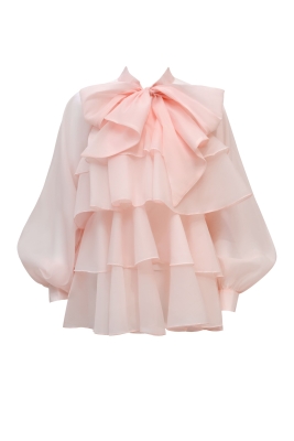 Блуза "Бонита" пудровая, с воланами и бантом, органза