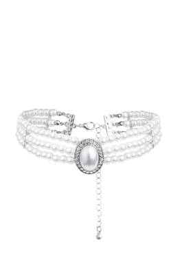 Чокер - колье "Жемчуг" белый, 3 нити, с брошью в виде овала со стразами и жемчугом (серебро)