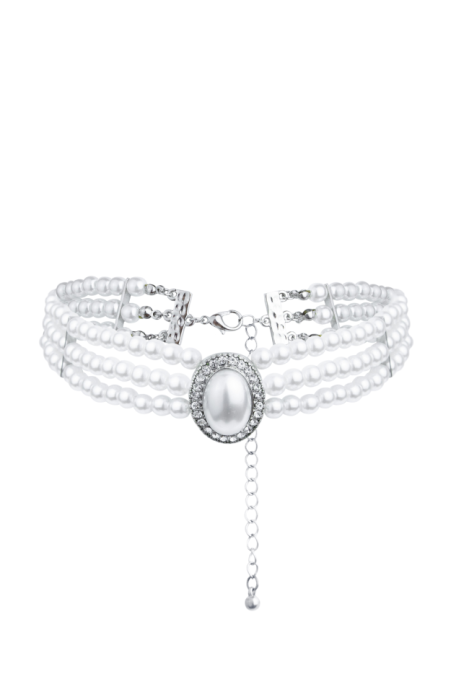 Чокер - колье "Жемчуг" белый, 3 нити, с брошью в виде овала со стразами и жемчугом (серебро)