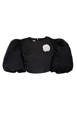 Топ - кроп "Виолет" черная, атлас (шелк), рукава фонарики + брошь