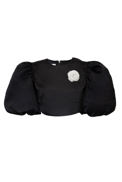 Топ - кроп "Виолет" черная, атлас (шелк), рукава фонарики + брошь