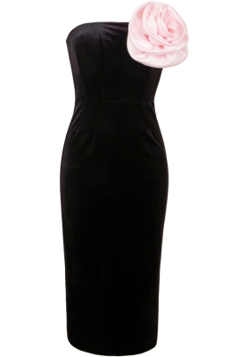 Платье "Розалия" черное, бархат, крупная розовая брошь "роза"