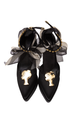 Туфли черные, атласные, на платформе, золотое лого