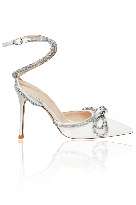 Туфли белые, атласные, брошь "бант" из страз