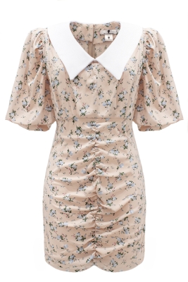 Платье "Аниэль" нюдовое, цветочный принт, белый воротник