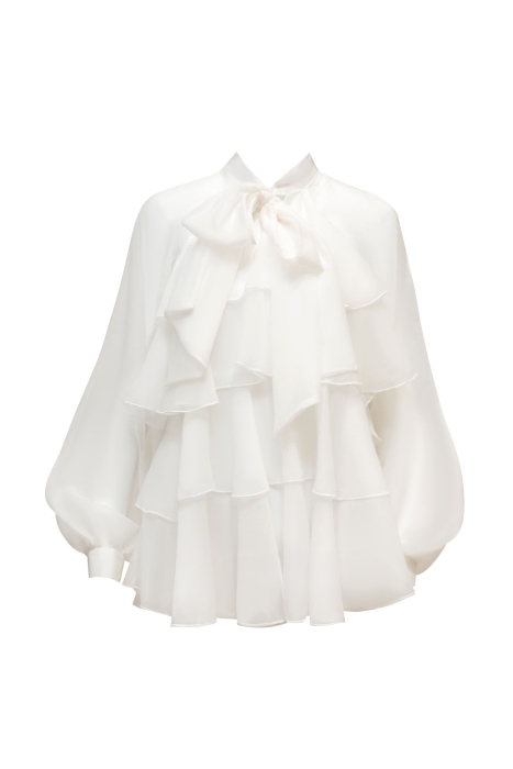 Блуза "Бонита" белая, с воланами и бантом, органза