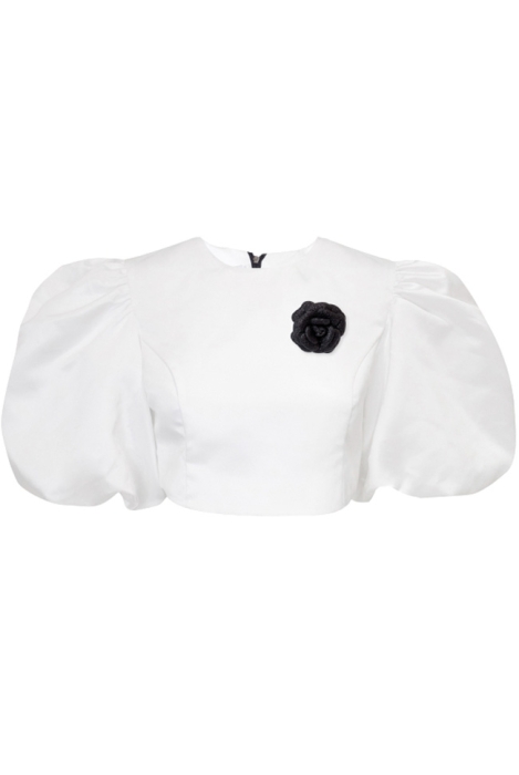 Топ - кроп "Виолет" белая, атлас (шелк), рукава фонарики + брошь