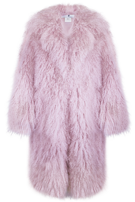 Шуба "Николет" пудровая, мех лама (натуральный), миди 110 см