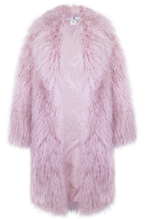 Шуба "Николет" пудровая, мех лама (натуральный), миди 110 см