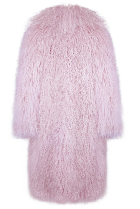 Шуба "Николет" пудровая, мех лама (натуральный), миди 110 см