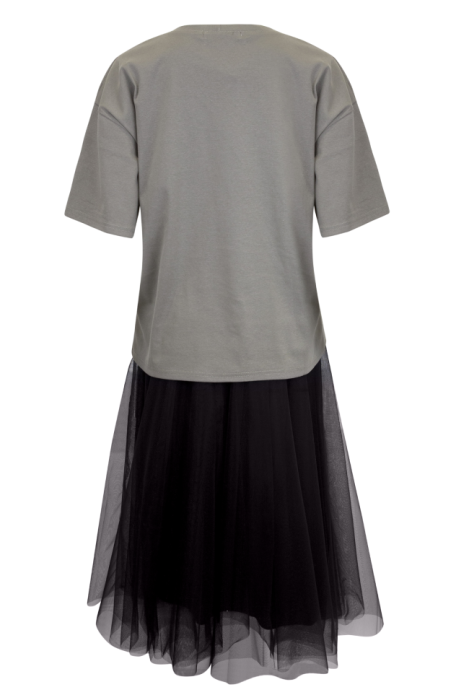 Комплект "Леона" бежевый/черный, с брошью (футболка + пышная юбка миди)