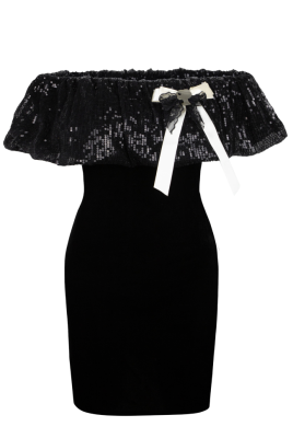 Платье "Поэль" мини, чёрное, бархат, волан паетки