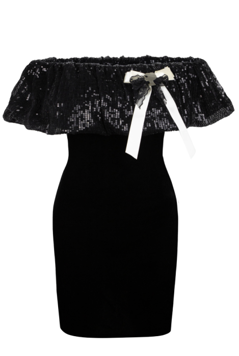 Платье "Поэль" мини, чёрное, бархат, волан паетки