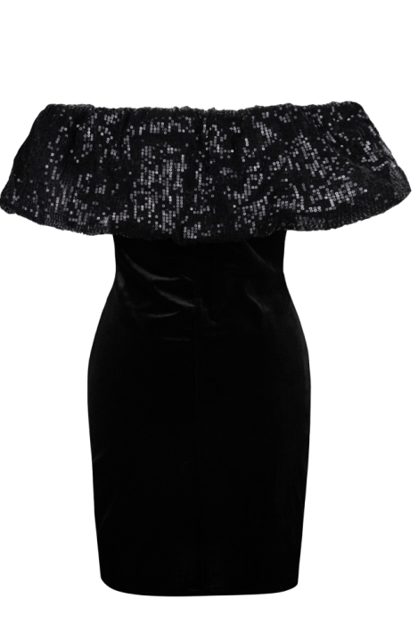 Платье "Поэль" мини, чёрное, бархат, волан паетки