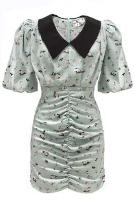 Платье "Аниэль" бирюзовое, цветочный принт, черный воротник