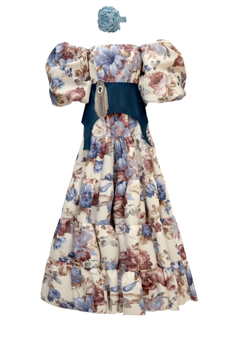 Платье "Лилит" молочное, принт синие пионы, рукава фонарики + пояс корсет с брошью, макси