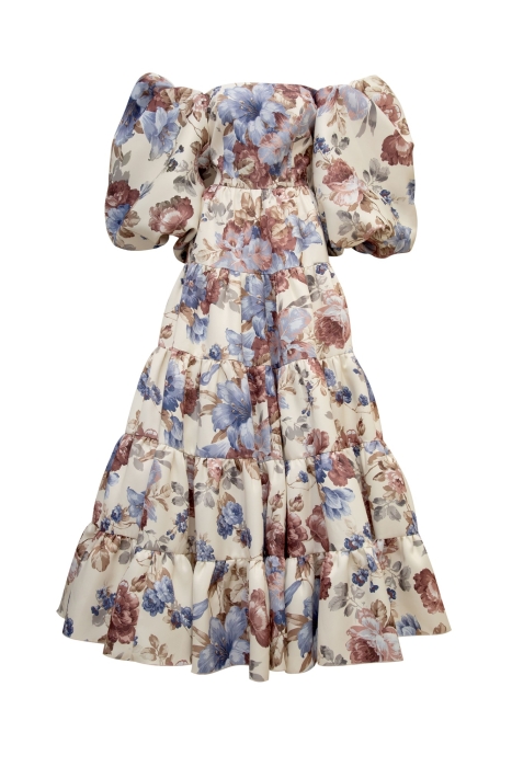 Платье "Лилит" молочное, принт синие пионы, рукава фонарики + пояс корсет с брошью, макси