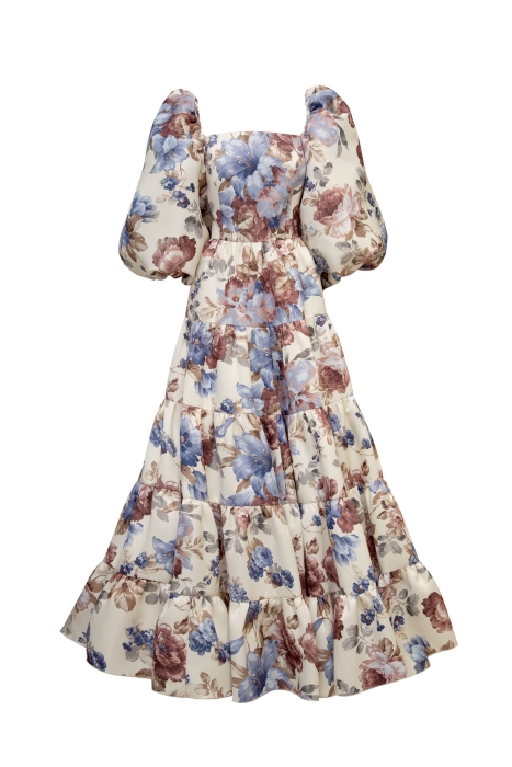 Платье "Лилит" молочное, принт синие пионы, рукава фонарики + пояс корсет с брошью, макси