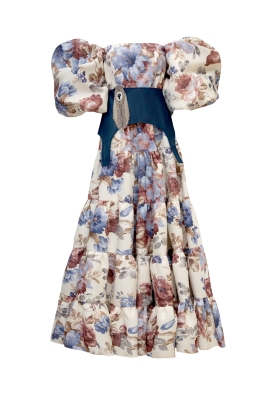 Платье "Лилит" молочное, принт синие пионы, рукава фонарики + пояс корсет с брошью, макси