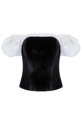 Топ - корсет "Мишель" черный, бархат, белая вставка по декольте, рукава фонарики