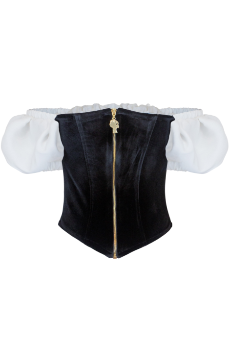 Топ - корсет "Мишель" черный, бархат, белая вставка по декольте, рукава фонарики