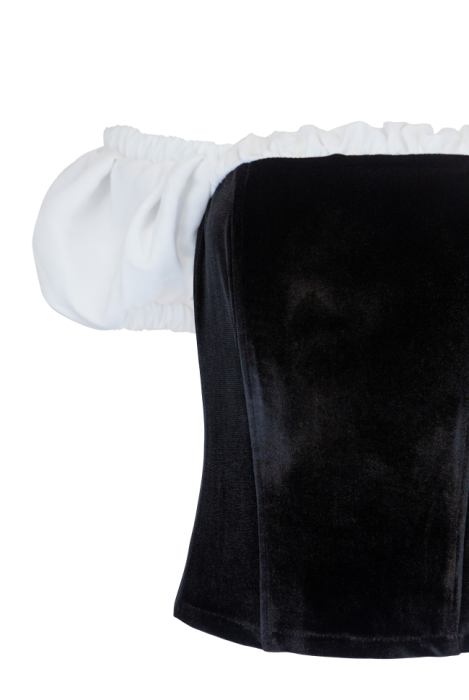 Топ - корсет "Мишель" черный, бархат, белая вставка по декольте, рукава фонарики