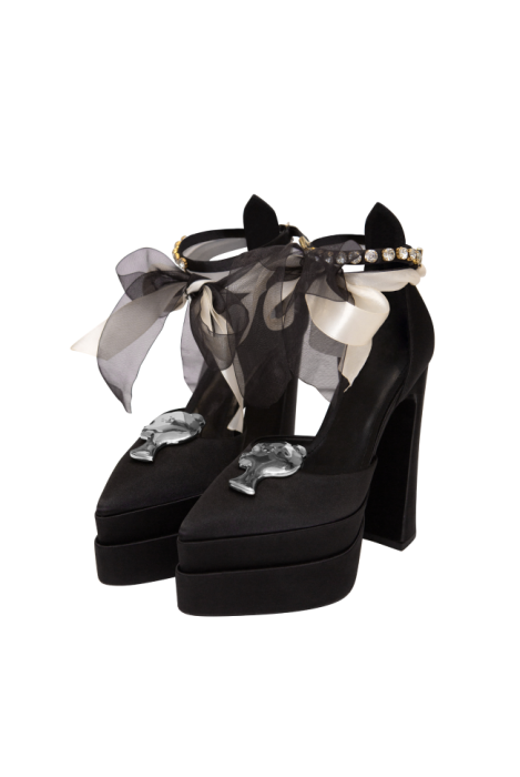 Туфли черные, атласные, на платформе, серебряное лого
