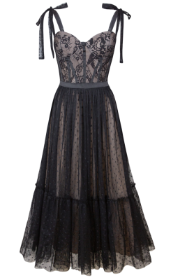 Платье "Мелиза" черное, кружево, фатин, миди