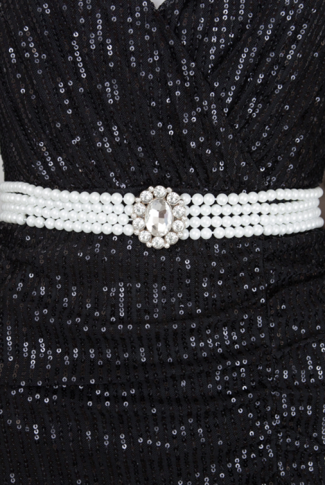 Платье "Сисиль", мини, чёрное, на запах + пояс из жемчуга, пайетки