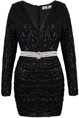 Платье "Сисиль", мини, чёрное, на запах + пояс из жемчуга, пайетки