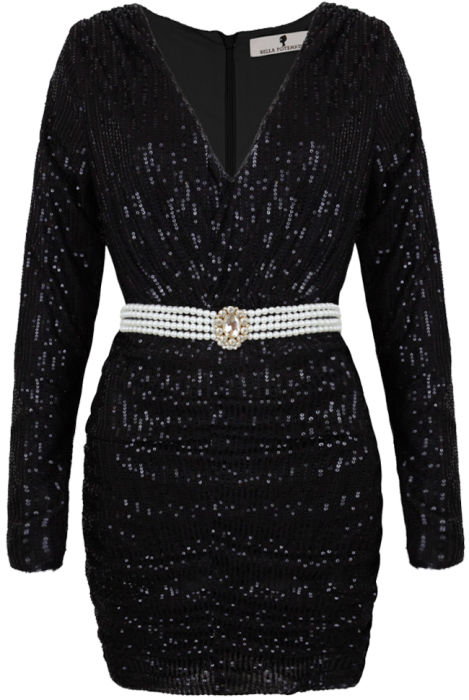 Платье "Сисиль", мини, чёрное, на запах + пояс из жемчуга, пайетки