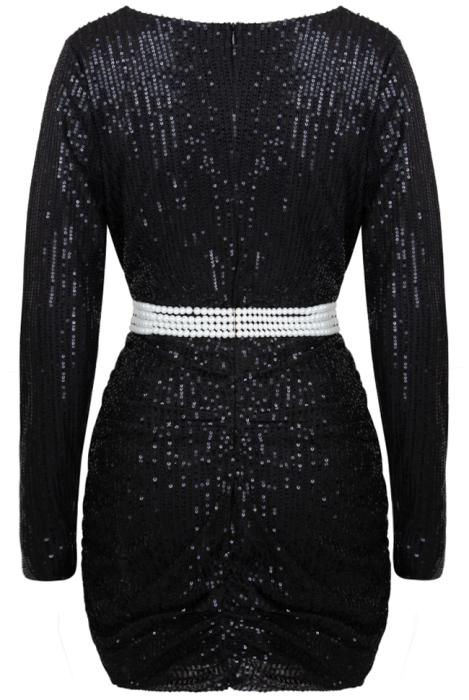 Платье "Сисиль", мини, чёрное, на запах + пояс из жемчуга, пайетки
