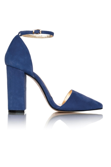 Туфли замша светло-синие, широкий каблук