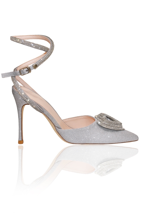 Туфли брошь "сердце" из страз, серебристые, глиттер