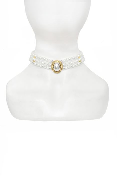 Чокер - колье жемчуг белый, 3 нити, с брошью в виде овала со стразами и жемчугом