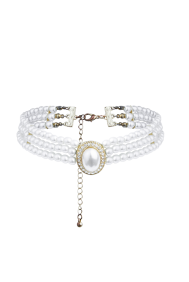 Чокер - колье жемчуг белый, 3 нити, с брошью в виде овала со стразами и жемчугом